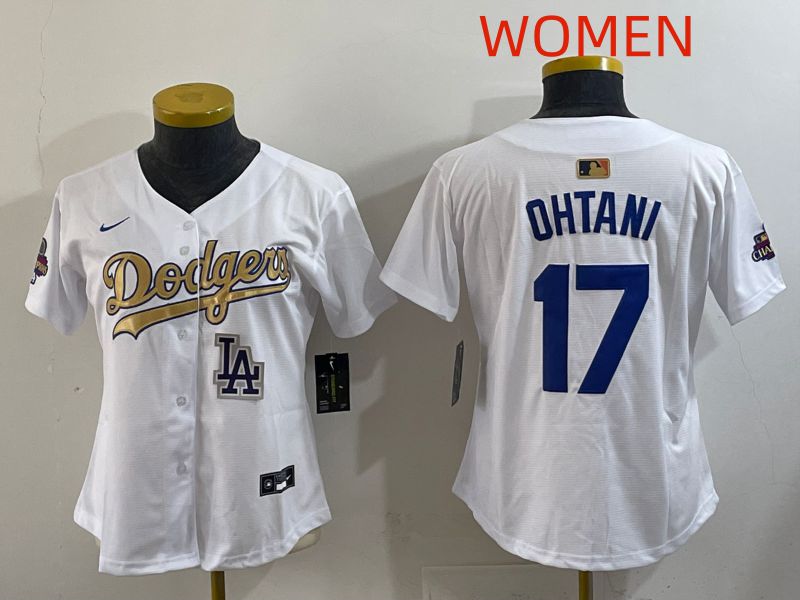 Women Los Angeles Dodgers #17 Ohtani White Champion edition Nike MLB Jersey style 0012